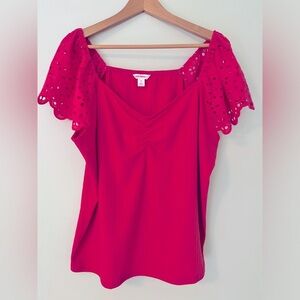 JOE FRESH Ribbed Pink Top with Embroidered Eyelet Cotton Sleeves, size 2X